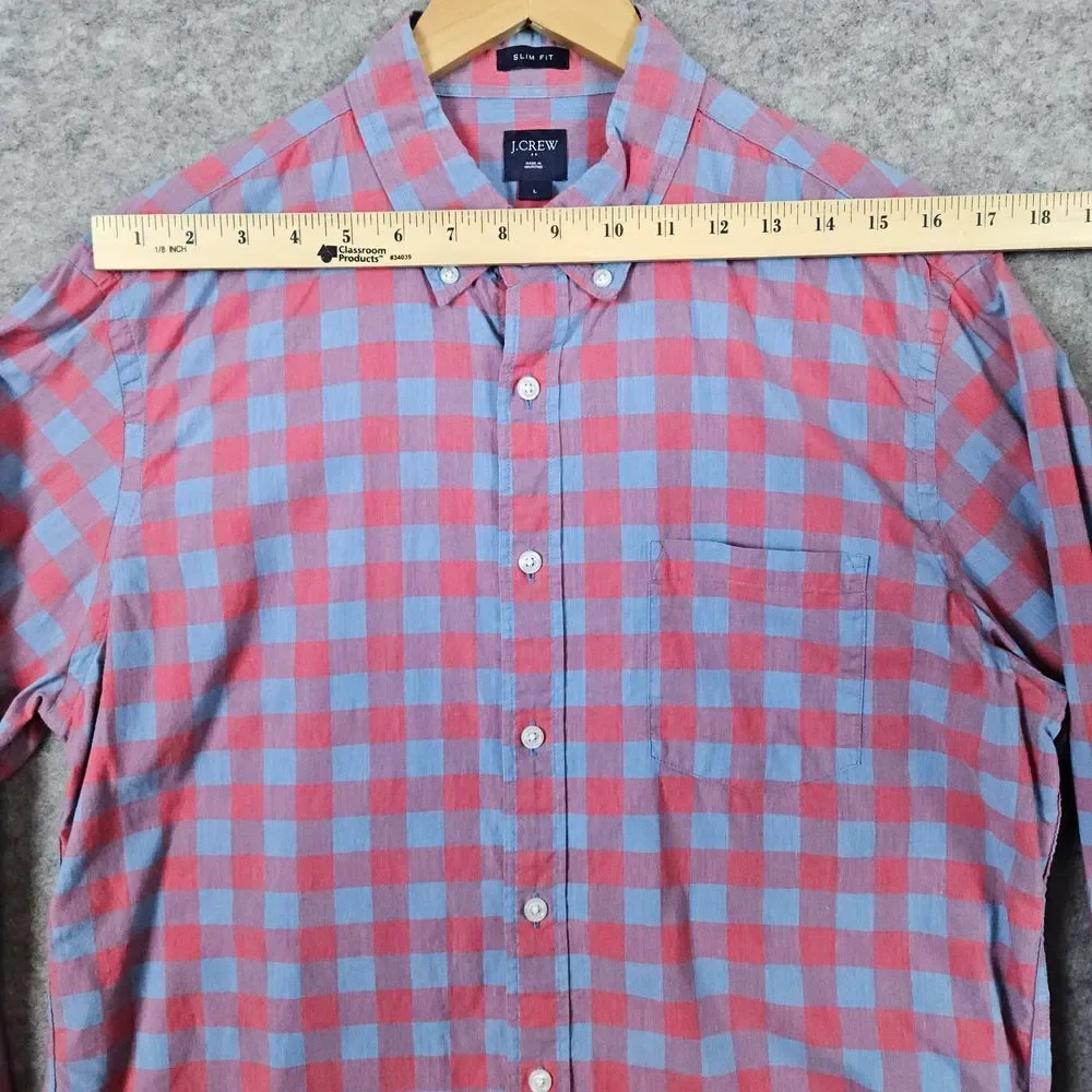 J Crew Men's Slim Fit Shirt Size L‎ Red Blue Checks Preppy Button Up/Down Church